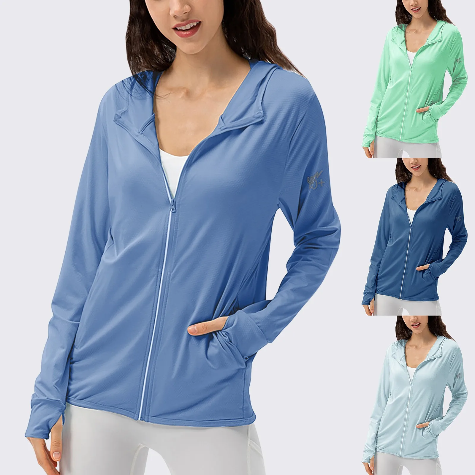 

Summer Sun Protection Hoodies Women's Long Sleeve Casual Shirts Sun Block Full Zip T-shirts With Zipper Pockets Outdoor Jacket