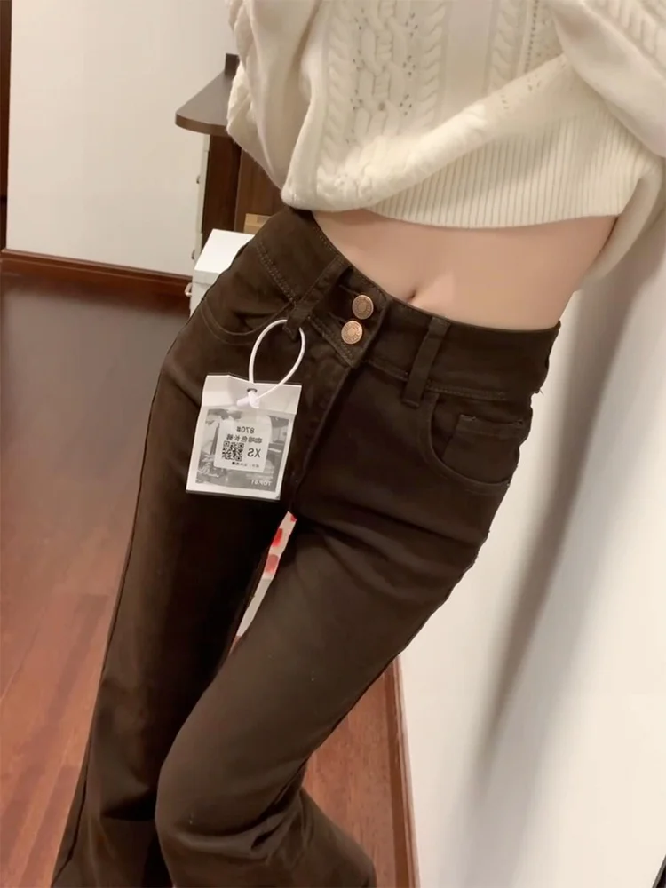 High Waist Two Button Denim Jeans Women's Fall New Style Slimming Micro Flared Pants American Style Casual Warm Ladies Jeans