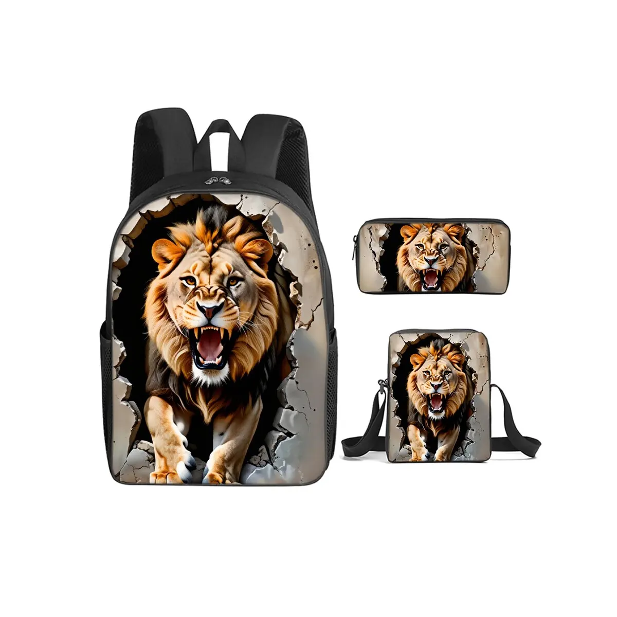 

Leopard Lion 3Pcs/Set Backpack With Messenger Bags ,Pencil Bags For Boy/Girls Best Gift Cartoon Student School Bags