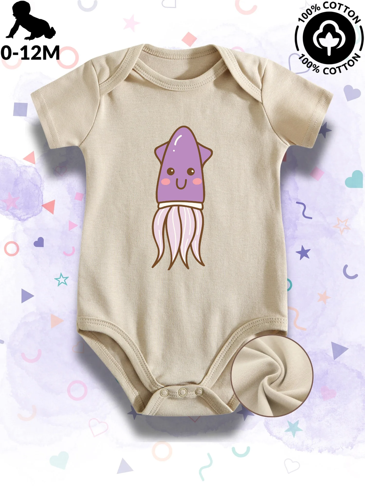 Body per bebè unisex Cartoon Squid, tutina morbida in cotone 100%, tuta strisciante beige per tutte le stagioni 190GSM