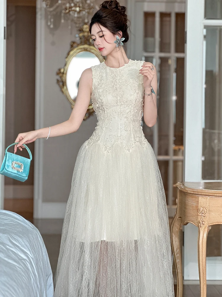 Elegante Zoete Tule Jurk Vrouwen Sexy Sheer Mesh Splice Vest Swing Gewaad Vrouwelijke Avondfeest Vestidos Prachtige Baljurk mujer