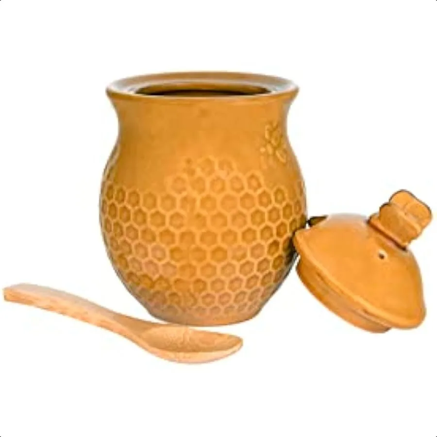 Piccolo barattolo di miele in gres con api decorative gialle da 3 pezzi con coperchio e mestolo per miele in legno