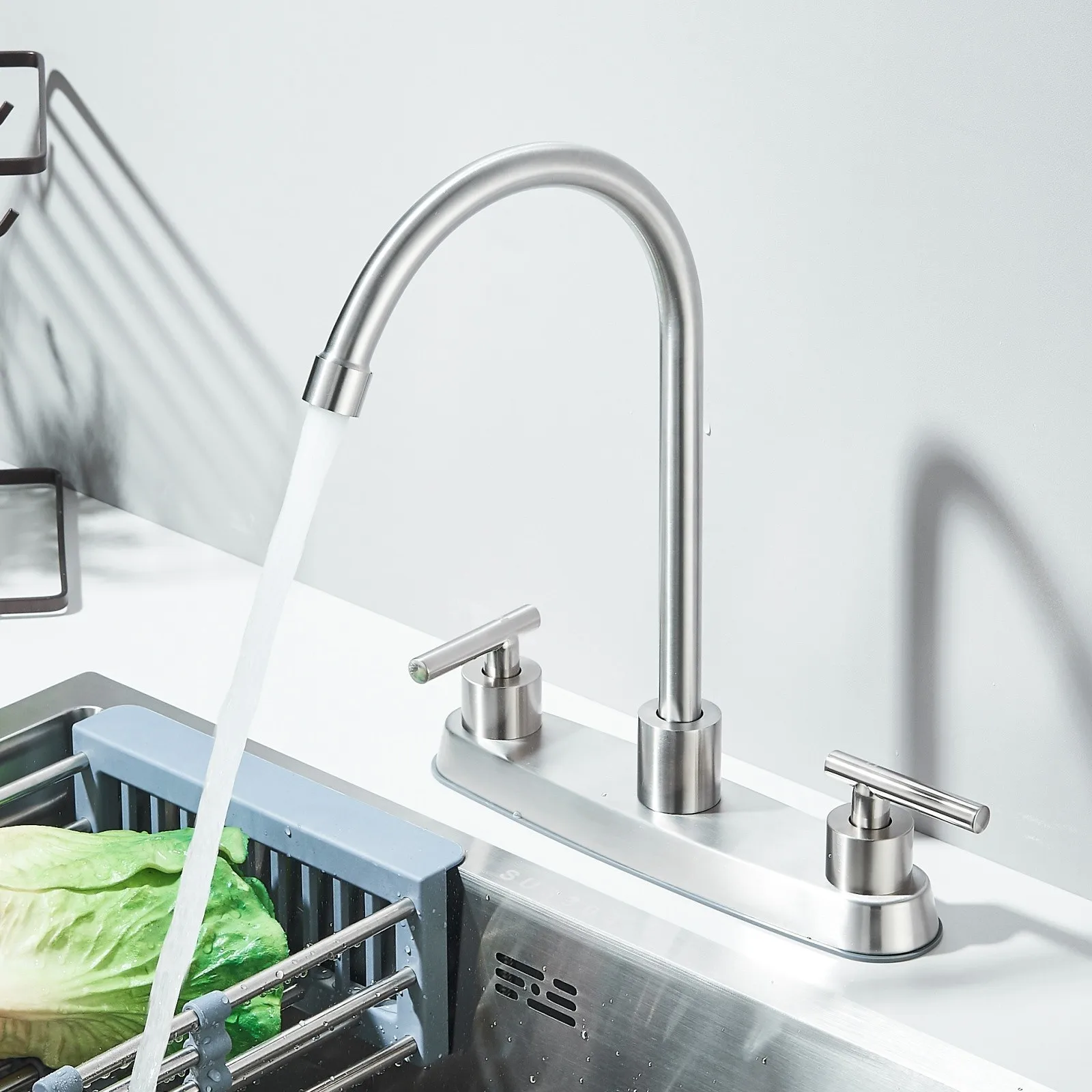 

Brushed Nickel Kitchen Faucet Dual Handles High Arc Centerset Swivel Mixer Tap