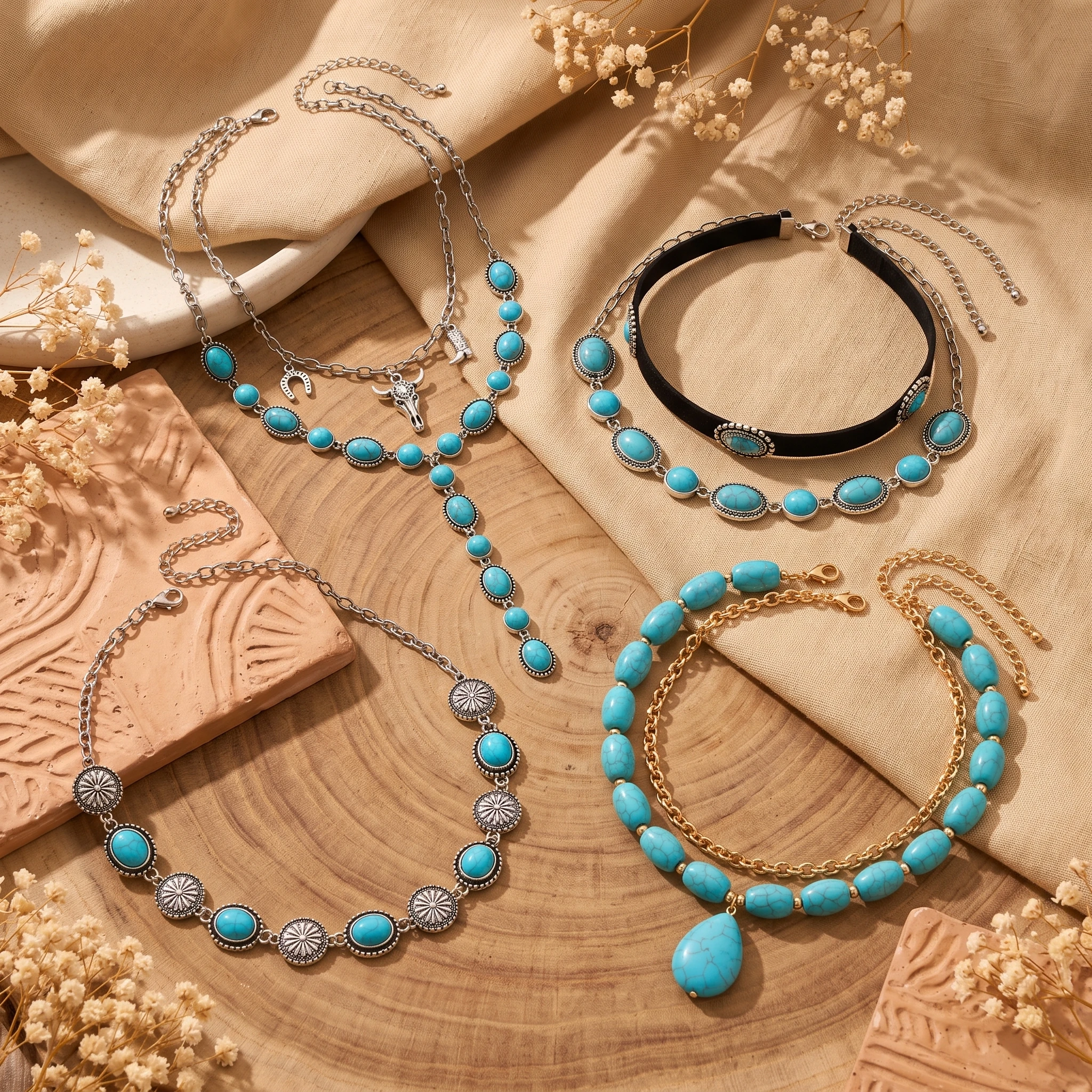 Boho Turquoise Beaded Necklace Set for Women Western Vintage Multi Layer Cow Skull Pendant Choker Jewelry Party Gift