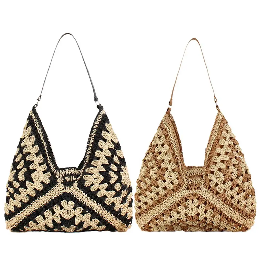 

Women Weave Straw Bag Large Capacity Straw Woven Tote Bag Stripes Woven Shoulder Bag All-matched Top-Handle Bag