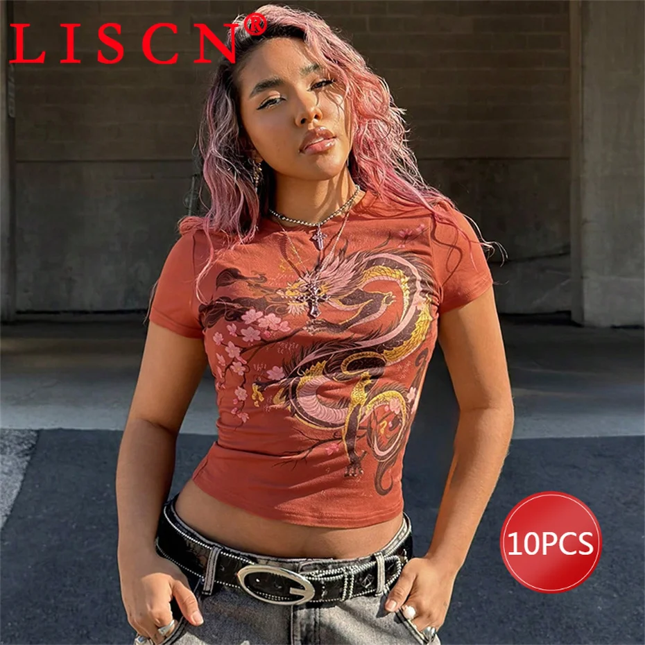 10 artículos a granel, lotes al por mayor, camisetas para mujer, verano 2025, camisa Sexy estampada, camisetas de manga corta con cuello redondo, ropa Y2k K15277