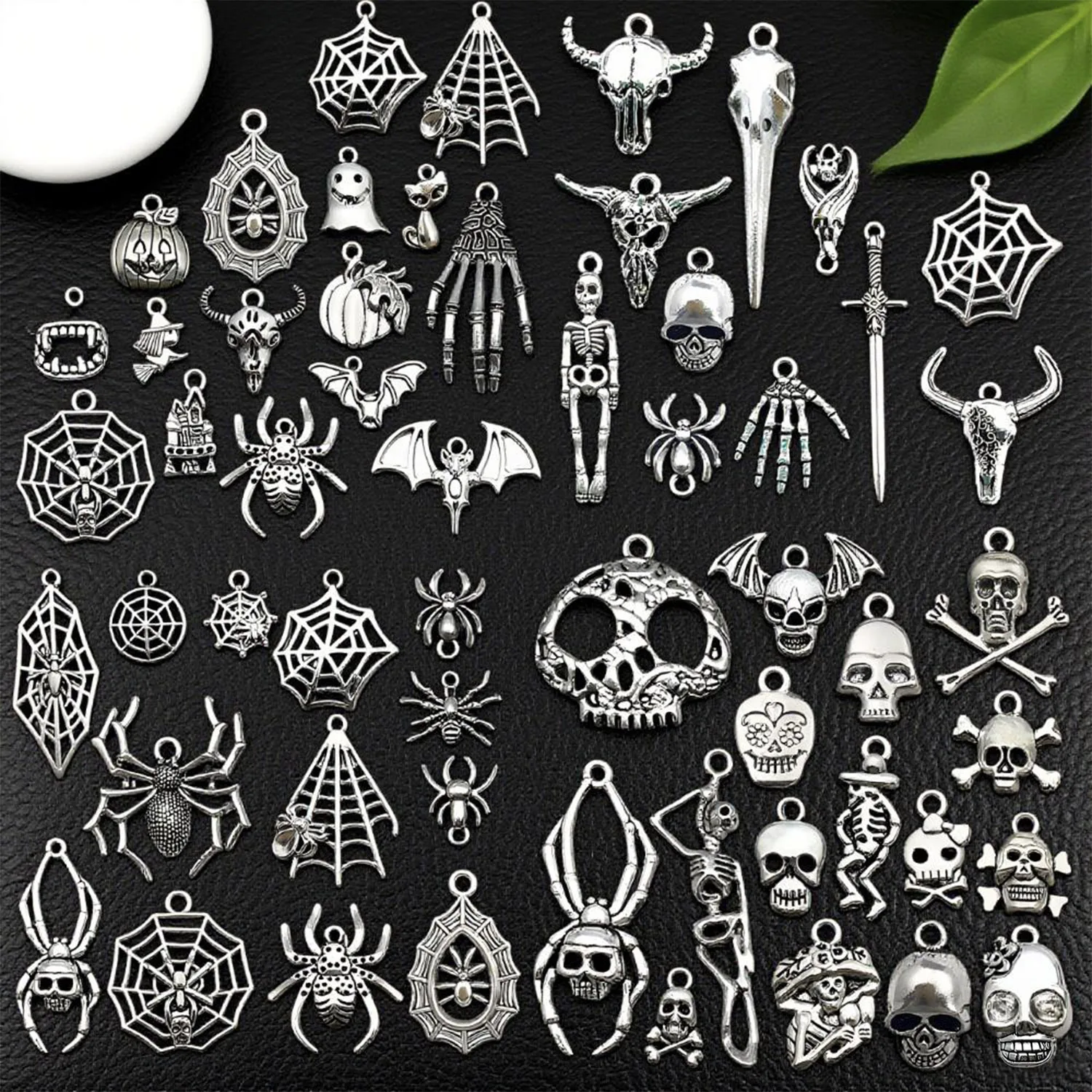 Assorted Halloween Pendants - Vintage Silver Skulls, Bats & Ghost Charms, Perfect for Creating Adorably Spooky DIY Jewelry!