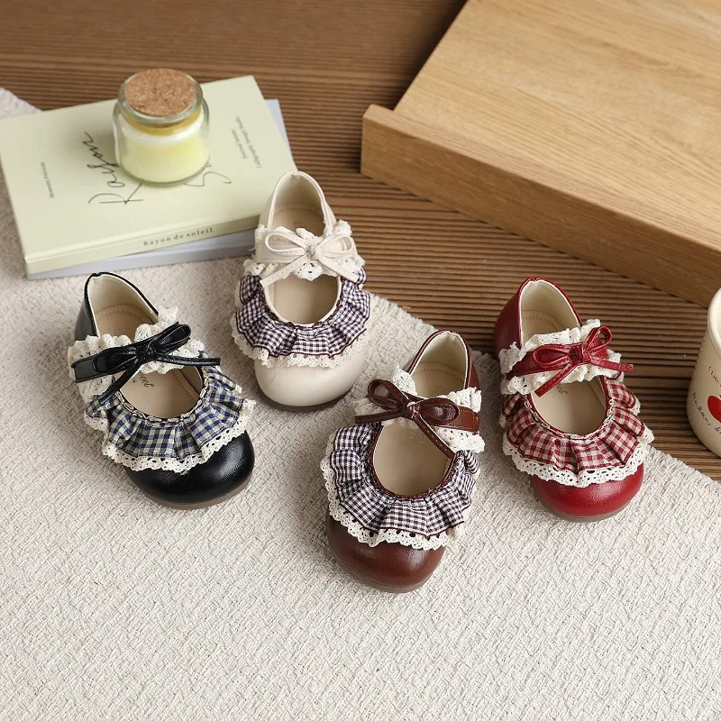 

2026 New Children's Mary Jane Shoes Sweet Lace Ruffle Bow Girls Leather Shoes for Wedding Party Kids Princess Dress Flat Shoes