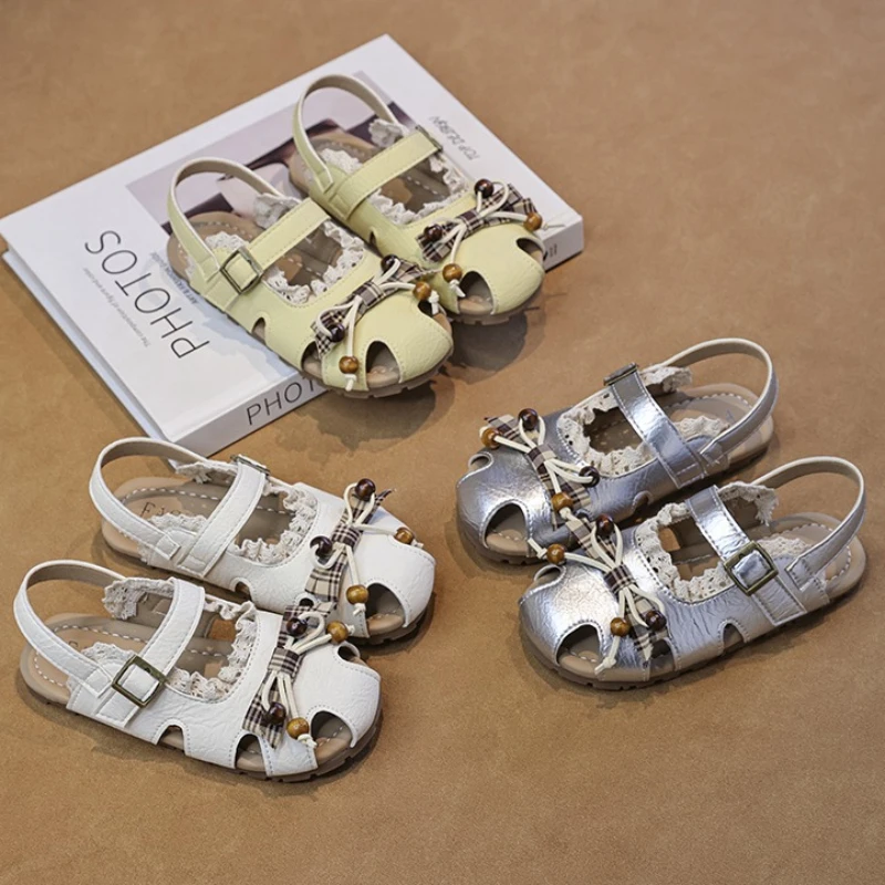 

Toddler Girls Closed Toe Sandals Cute Lace Bow Decor Adjustable Strap Non-Slip Summer Kids Shoes