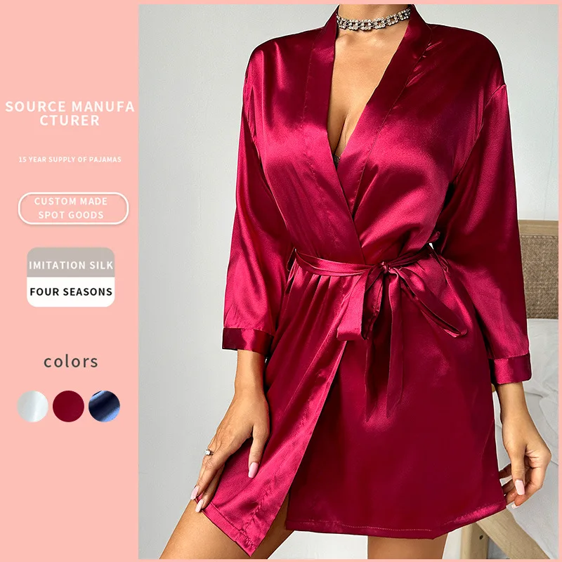 

Пижамы женские летние европейские и американские женские халаты на шнуровке сексуальное утреннее платье домашнее платье можно носить халат из ледяного шелка нижнее белье