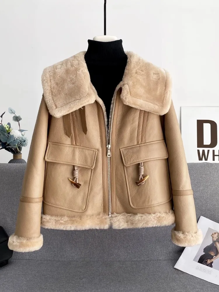 Winter Womens Shearling Coat Warm Wool Liner Genuine Leather Motorcycle Jacket Fashion Square Collar Zip Real Fur Short Overcoat