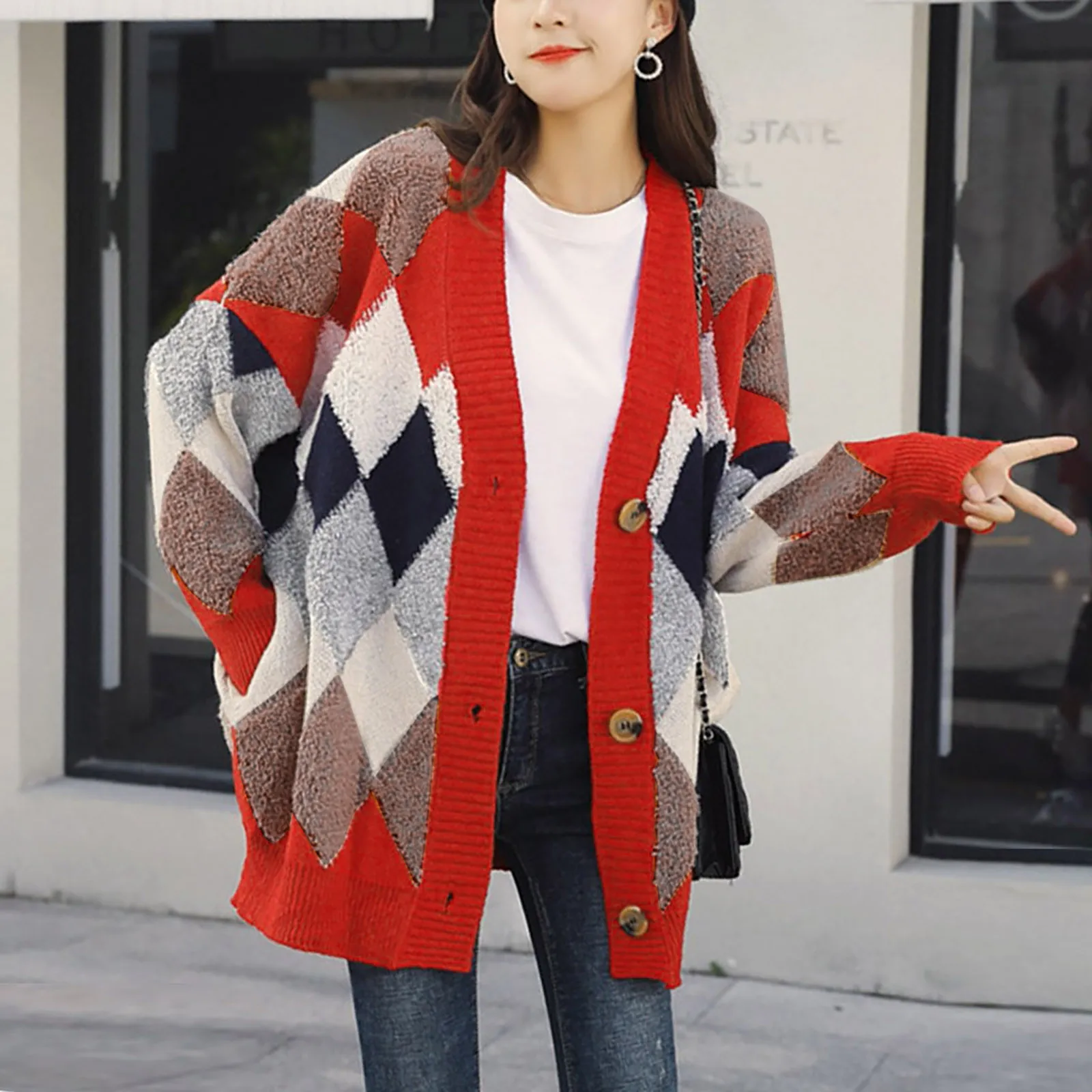 

Women Coat Sleeve Loose Top Color Button Long Sweater Cardigan Block Casual Knit Women's Cardigan