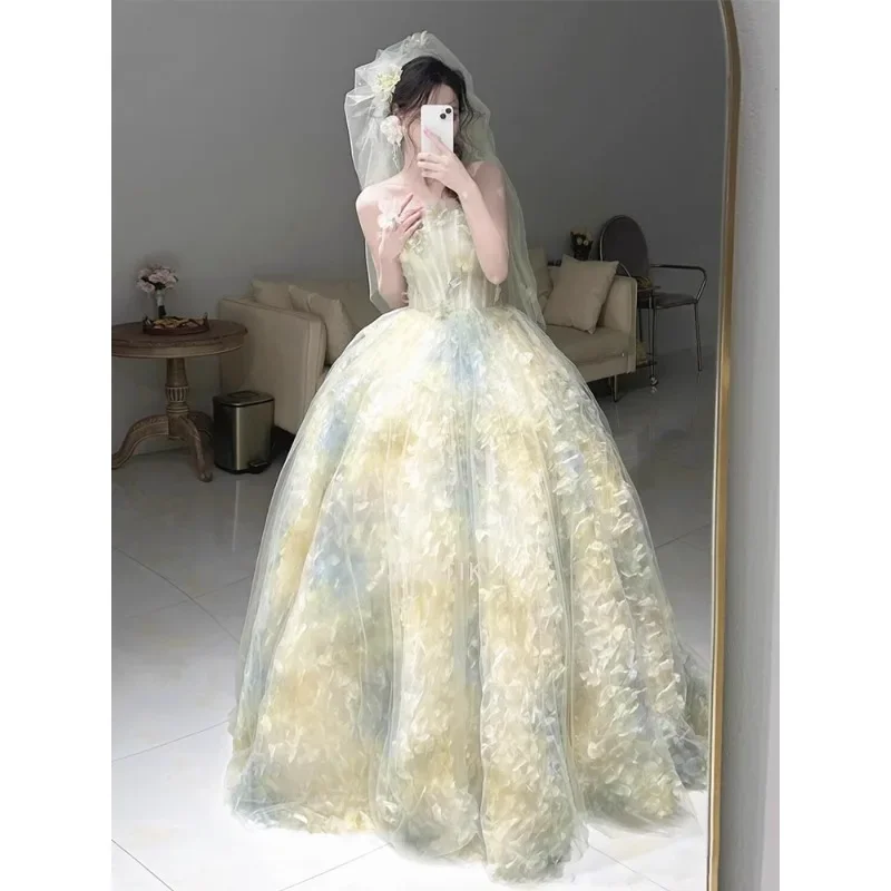 Vestido de novia sin tirantes con flores en 3D de estilo coreano, elegante corte en A, largo Floral azul, vestidos de noche para fiesta, nuevos vestidos de novia para mujer