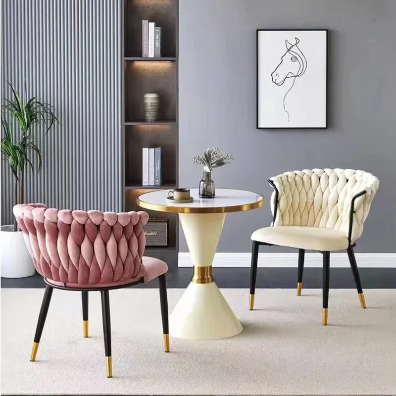 #V Nordic woven armrest makeup chair bedroom velvet chair modern hotel restaurant cafe fabric black leg dining lazy chair