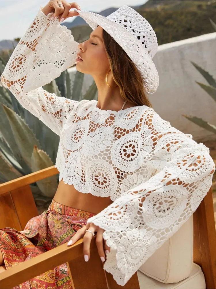 

Женский трикотаж, накидка на бикини, прозрачный однотонный свободный пуловер с длинными рукавами на шнуровке, треугольный подол, летние каникулы, пляжные топы