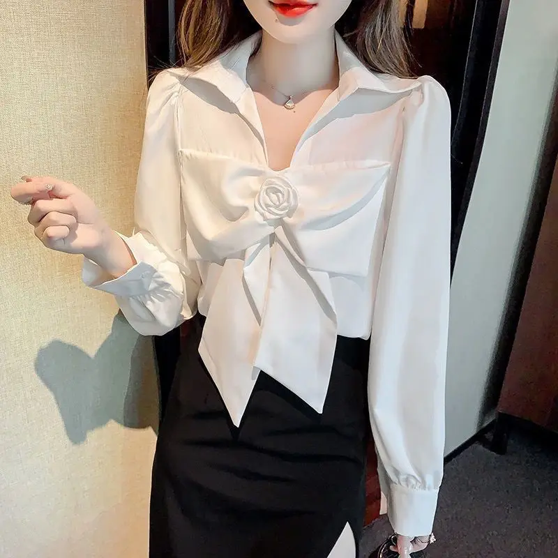 Bow Patchwork Polo Neck Long Sleeve Blouse Spring Autumn New Solid Temperament Korean Shirt Tops Sweet Fashion Women Clothing