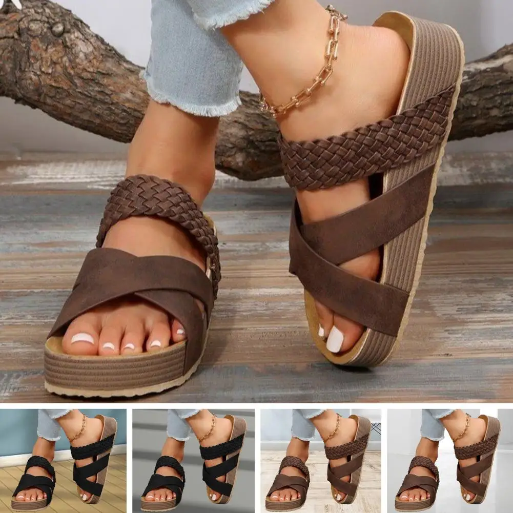 1 Pair Beach Slippers Platform Braided Cross Strap Flat Thick Sole Open Toe Anti-slip Women Summer Sandals Slides Birkenstock