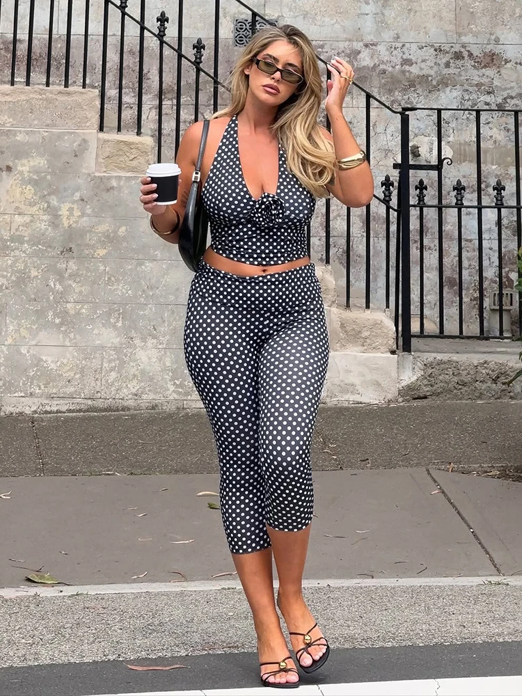

SIsterlinda Polka Dot Print 2 Piece Set Women Trend Rose Applique Halter Backless Tank Top+Capri Pants Fashion Sexy Streetwear