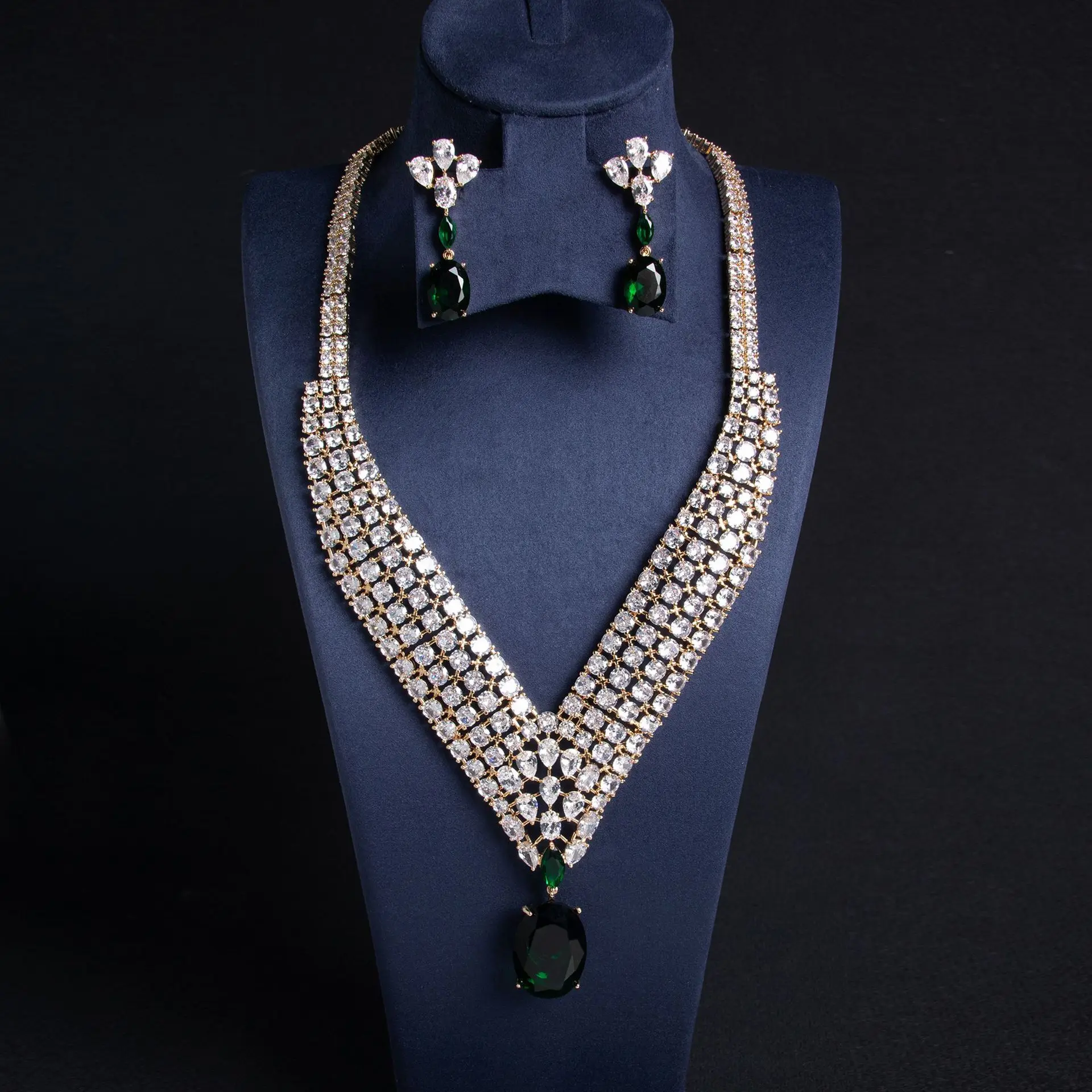 Water Drops Hip Hop Luxury Zirconia Jewellery Necklace Earrings Long Pendant Set Bridal Party Gift Evening Accessories M-296