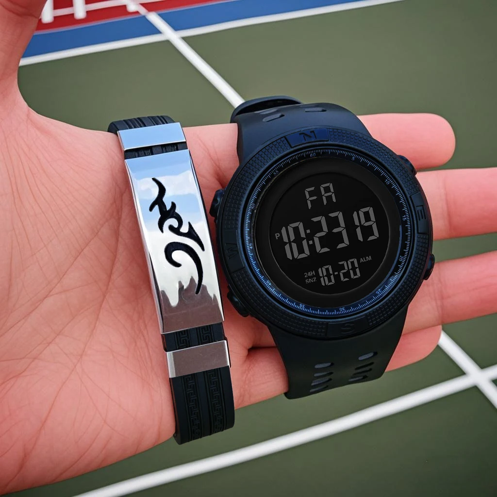 2 개 남자 세트 패션 스포츠 시계 세트 다기능 디지털 시계 고무 스트랩 캐주얼 야외 시계 무료 팔찌