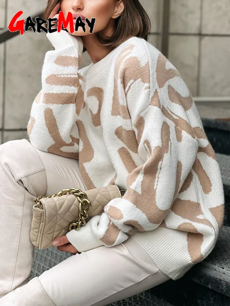 Winter Women's Sweater with Letter Print Green White Oversized Pullover O-Neck Classic Vintage Knitted Sweaters for Women 2024