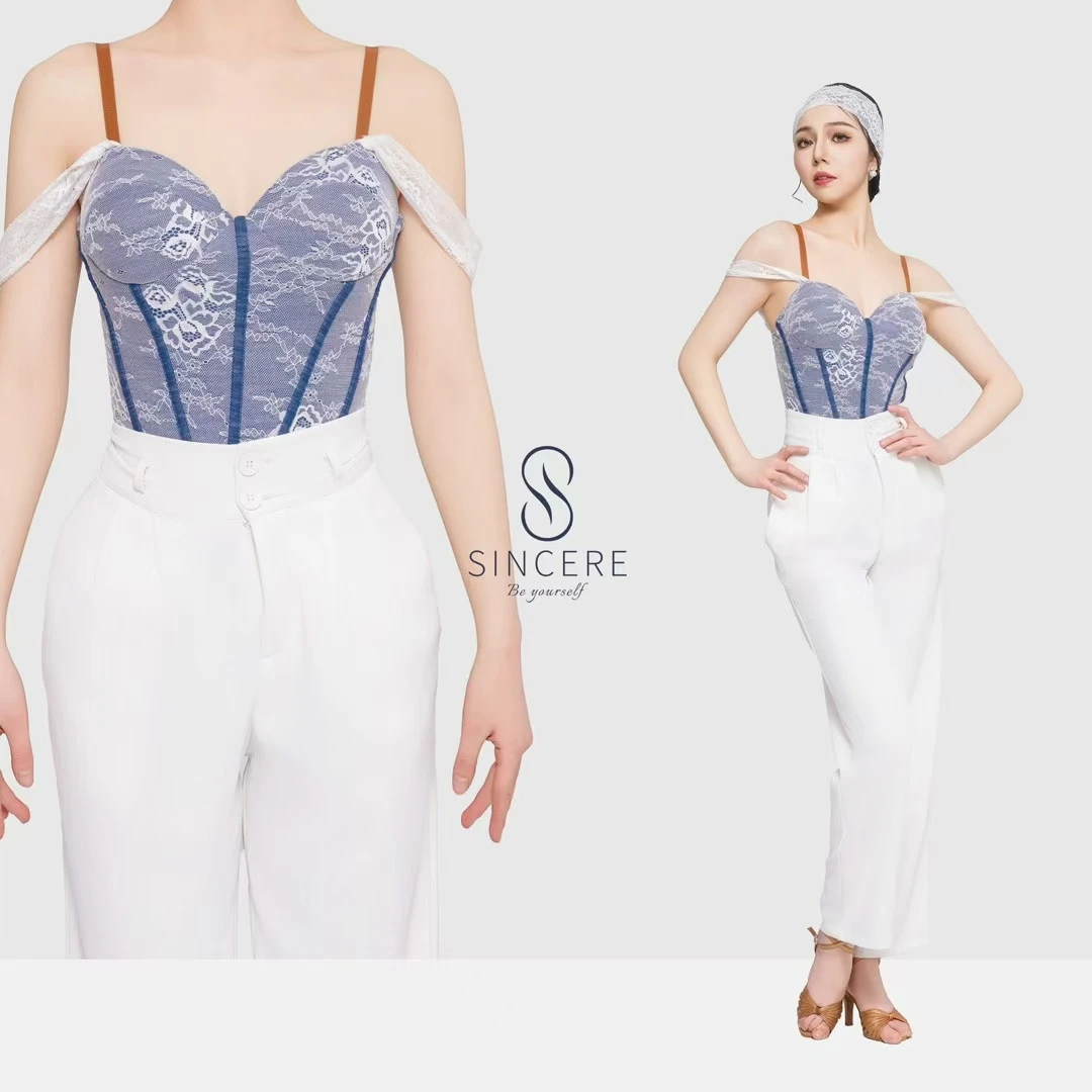 

2025 Ballroom Dance Performance Clothes Women Latin Dance Costume Lace Blue Leotards Adult Practice Tops Salsa Rumba DNV23853