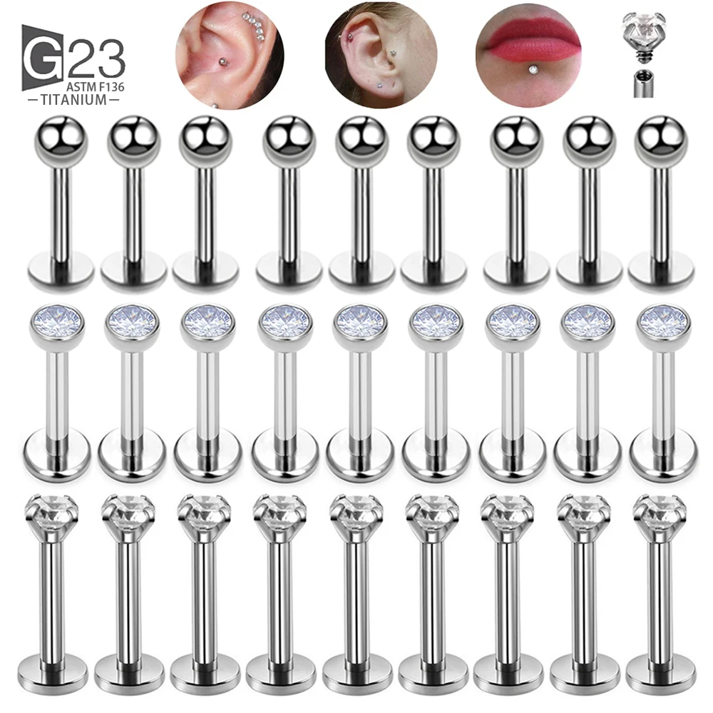 10Pc G23 Ttianium Labret Ear Lip Stud Jewelry Square CZ Stone Cartilage Tragus Earring Tongue studs Threaded Body Jewelry