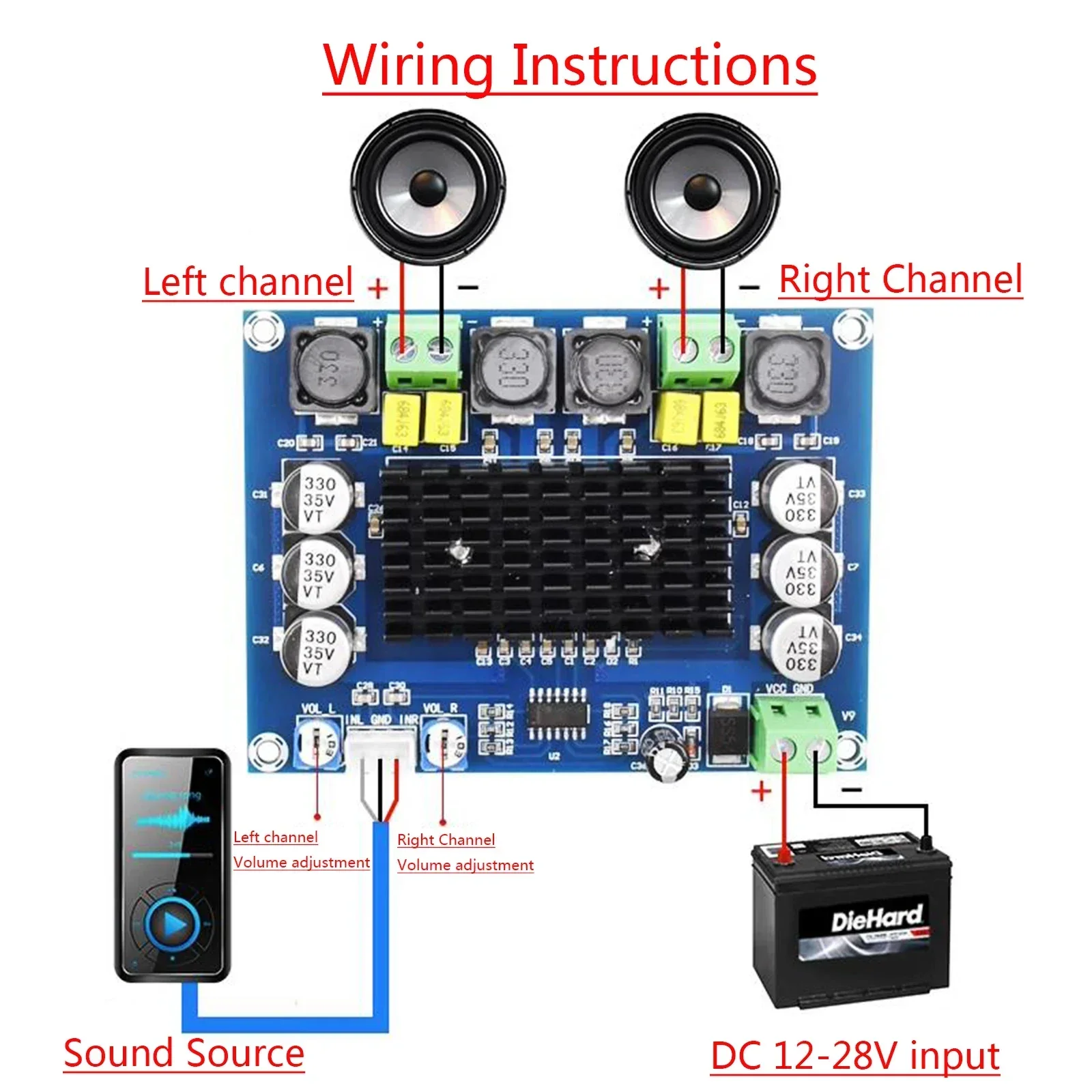 XH-M543 High Power Digital Power Amplifier Board TPA3116D2 Audio Amplifier Module Class D Double Channel 2*120W