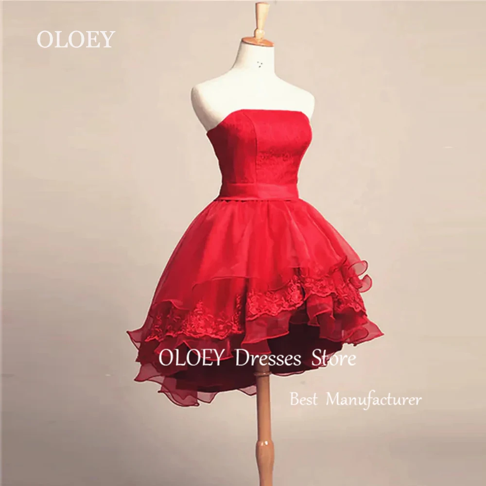 

OLOEY Strapless Red Short Wedding Dress Soft Organza Embroidery Sleeveless Bridal Gown Puffy Princess Prom Gowns Custom Made