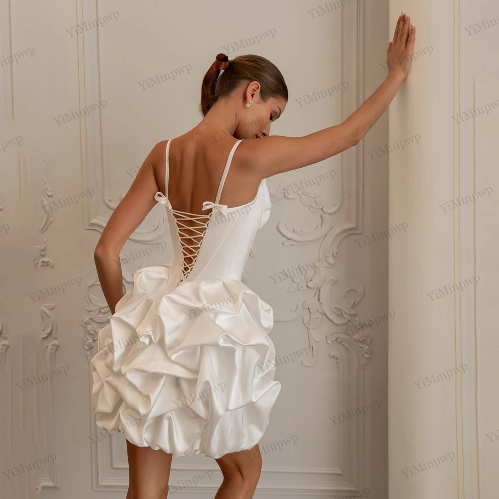 Ivory Satin Mini Wedding Dress Straps Puffy A Line Backless Lace Up Short Wedding Gown Modern Above Knee Bridal Gown Customized