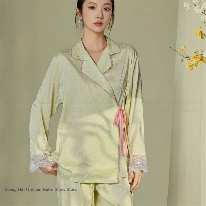 

Весенне-осенний пижамный комплект из 2 предметов, женская одежда для сна, новая жаккардовая кружевная ночная рубашка в китайском стиле, брюки с длинными рукавами, пижамы, домашняя одежда