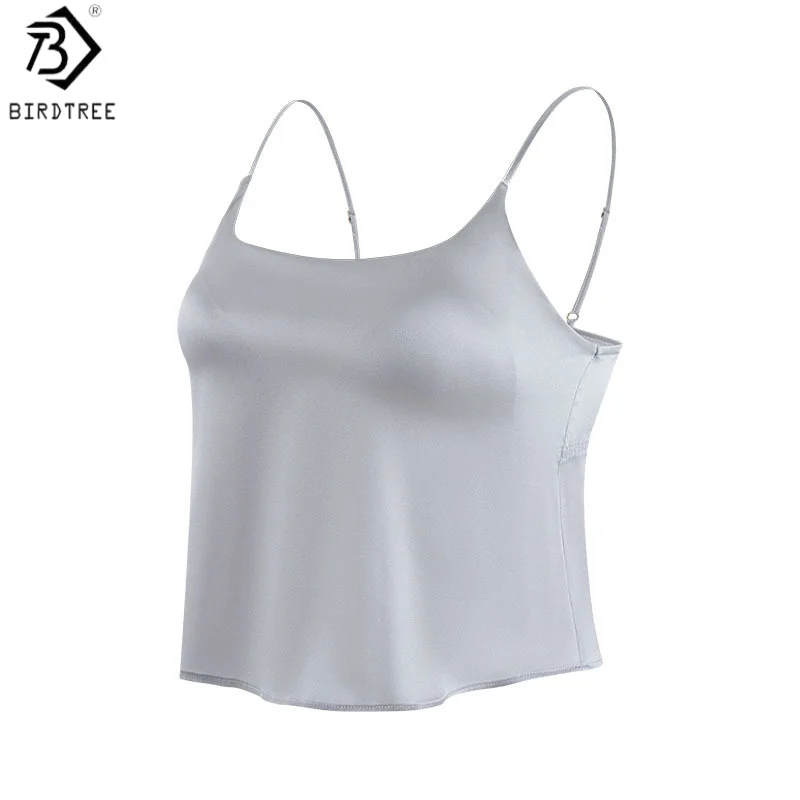 

Birdtree, 92% Silk 8% Spandex Tank Top, with Bra Padding Solid Vest, Woman Sleeveless Basics Sling Top, 2026 Spring New T63212JF