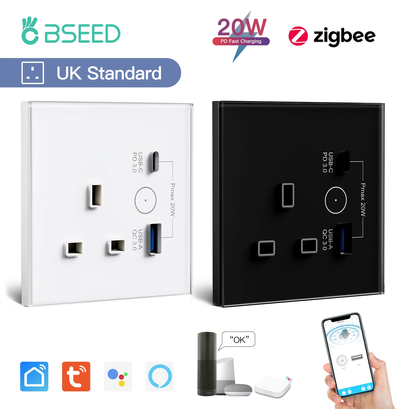 BSEED Zigbee UK Smart Socket With USB Type-c Wall Power Socket Tuya Smart Life Alexa Google Home App Control Glass Panel 13A