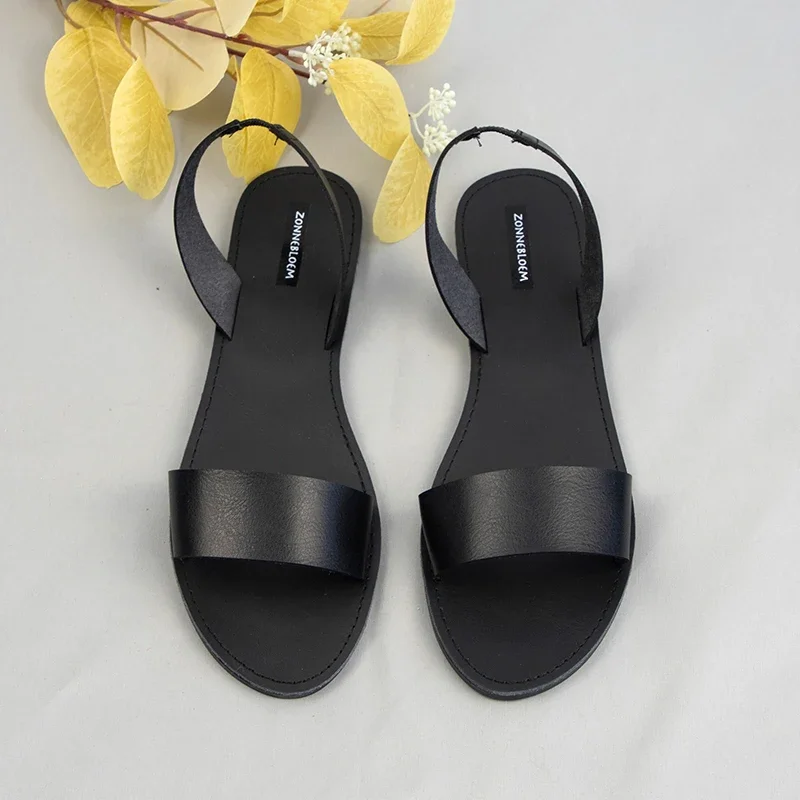 Sandals Women for 2024 Summer Beach Shoes High Quality Leather  Woman Flat Style Back Strap Brand Ladies Shallow Footwear