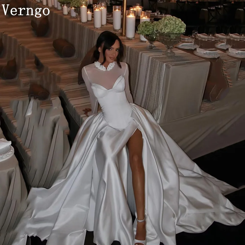 

Verngo lvory Satin Wedding Dress High Neck Full Sleeves A Line Side Slit Bridal Gowns Women Prom Bride Dress Customized