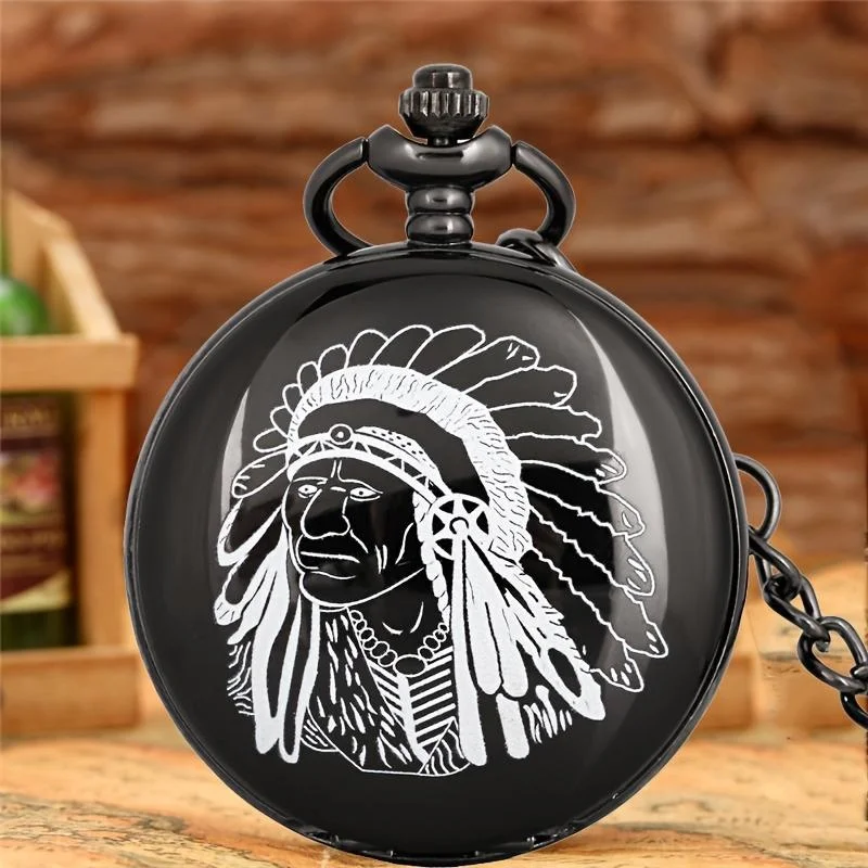 Steampunk Pocket Watch Indian Man Design Full Hunter Quartz Movement Clock for Men Arabic Number Dial with Pendant Chain Reloj