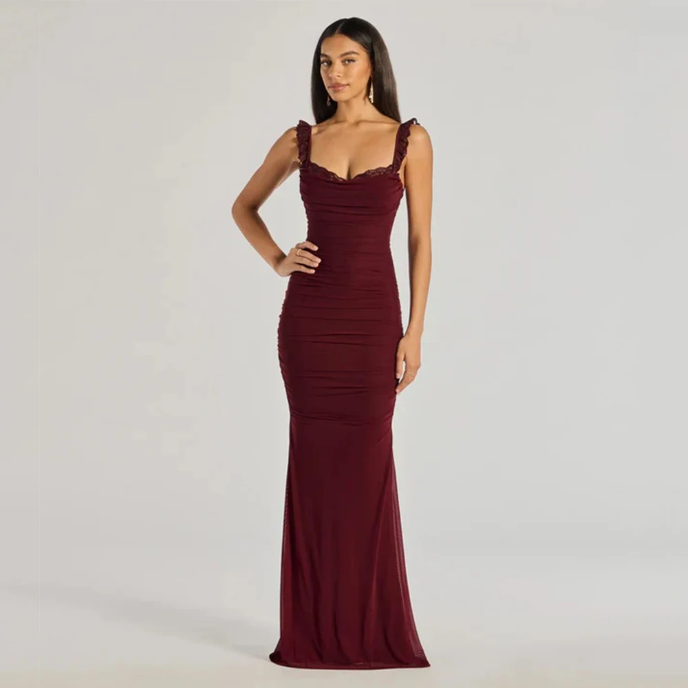 

Customized Retro Jersey Criss-Cross Bow Pleat Lace Straight Spaghetti strap Long Dresses Bespoke Occasion Dresses Exquisite Sexy