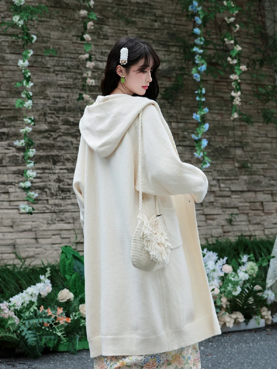 

Sweet Long Knitted Cardigan with kets White Open Front Sweater Loose Fit Autumn New Sle Warm Thiened Hooded Women's Fa...