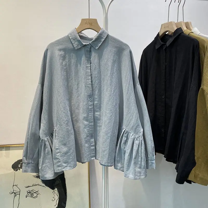 

Хлопково-льняная рубашка с длинными рукавами для женщин, осенний свободный универсальный однотонный повседневный топ