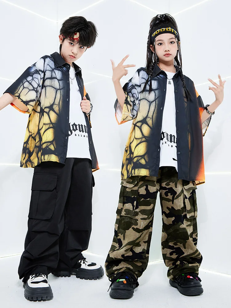 Kinder Hip Hop Dance Kostüm Kurzarm Shirt Cargo Hosen Street Dance Kleidung Jungen Mädchen Jazz Drum Show Bühne Kleidung Sets