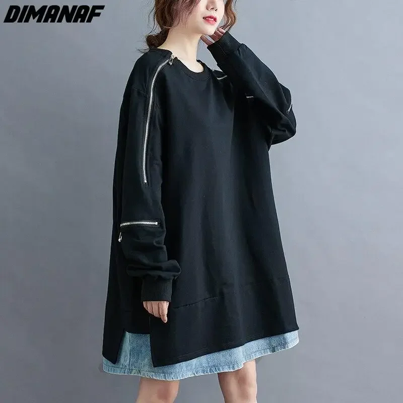 

Dimanaf Oversize Pullover Women Clothing Sweatshirt Winter Autumn Thicken Fashion Lady Tops Shirt Black Long Sleeve Loose Zipper