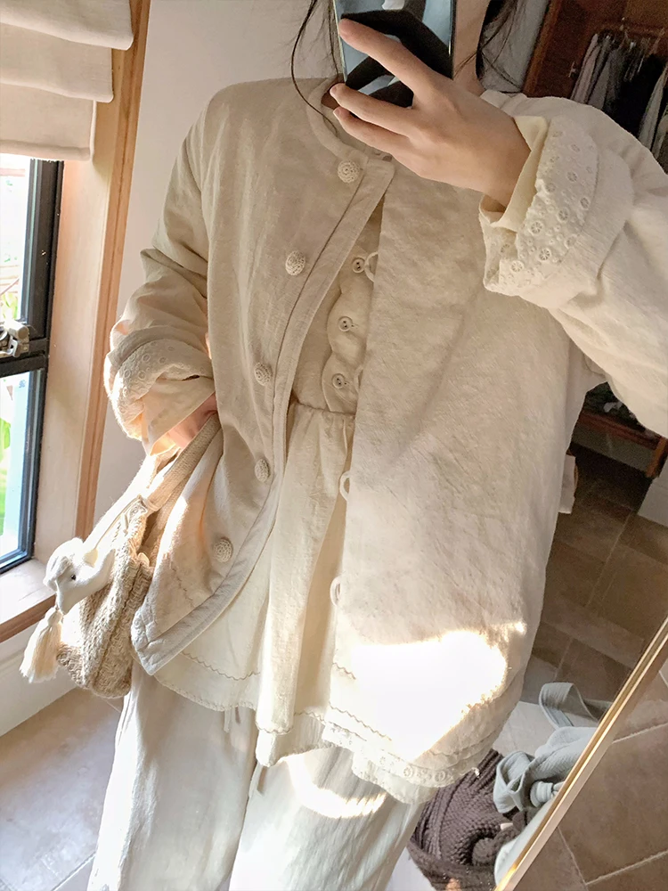 

Женское пальто ZNG OP свободного кроя с длинными рукавами и круглым вырезом, с цветными вставками и элементами пэчворка, из хлопка и льна