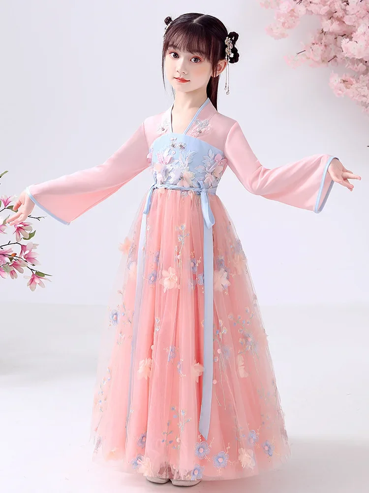 漢服女の子春と秋の古代衣装中国風-2024-新しい子供服古代スタイル春スーパー妖精ガール