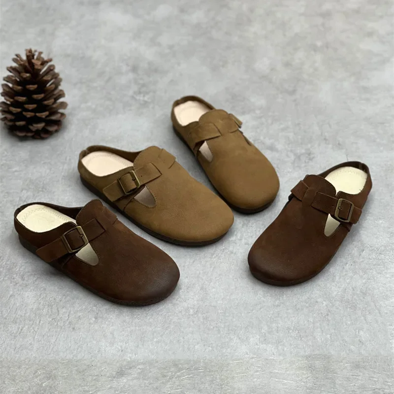 Handmade Genuine Leather Mules Women Summer New Retro Buckle Cowhide Clogs Flat Closed Toe Slippers Lazy Slip-on Casual Shoes