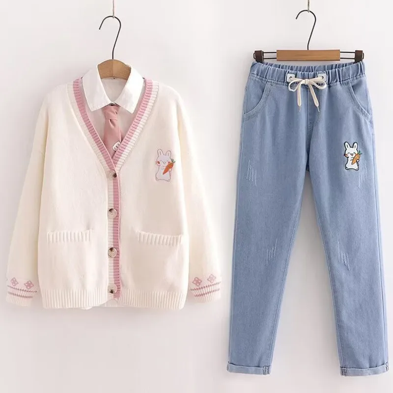 Rabbit Coat Y2K Mori Girl Style Casual Loose Solid Color Funny Cardigan V-Neck Sweater Button Coat Knitted Sweater Set Jeans New