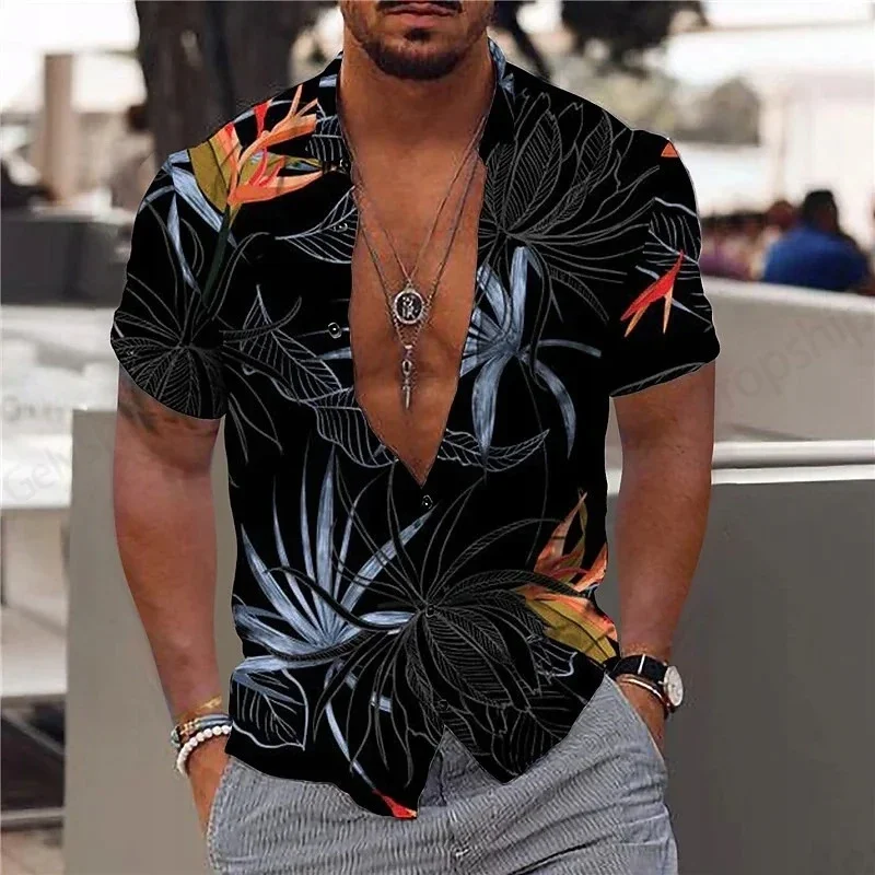 Men's Fashion Hawaiian Shirt Casual Beach Top Men's Clothing Men's Short Sleeve Lapel Simple Business Shirt Lapel Floral Shirt