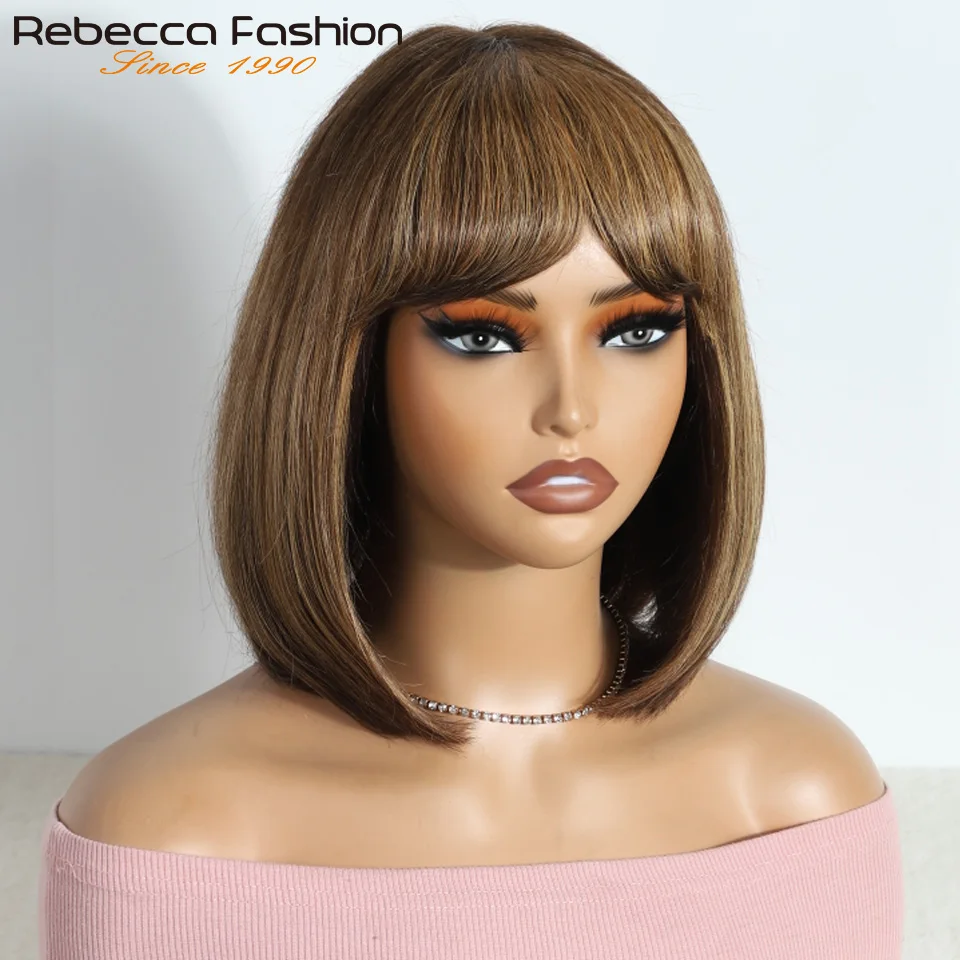 

Rebecca Short Bob Lace Wigs Straight Human Hair Wigs With Bangs #27 Brown Fringe Middle Part Bob Lace Wigs Realistic Scalp