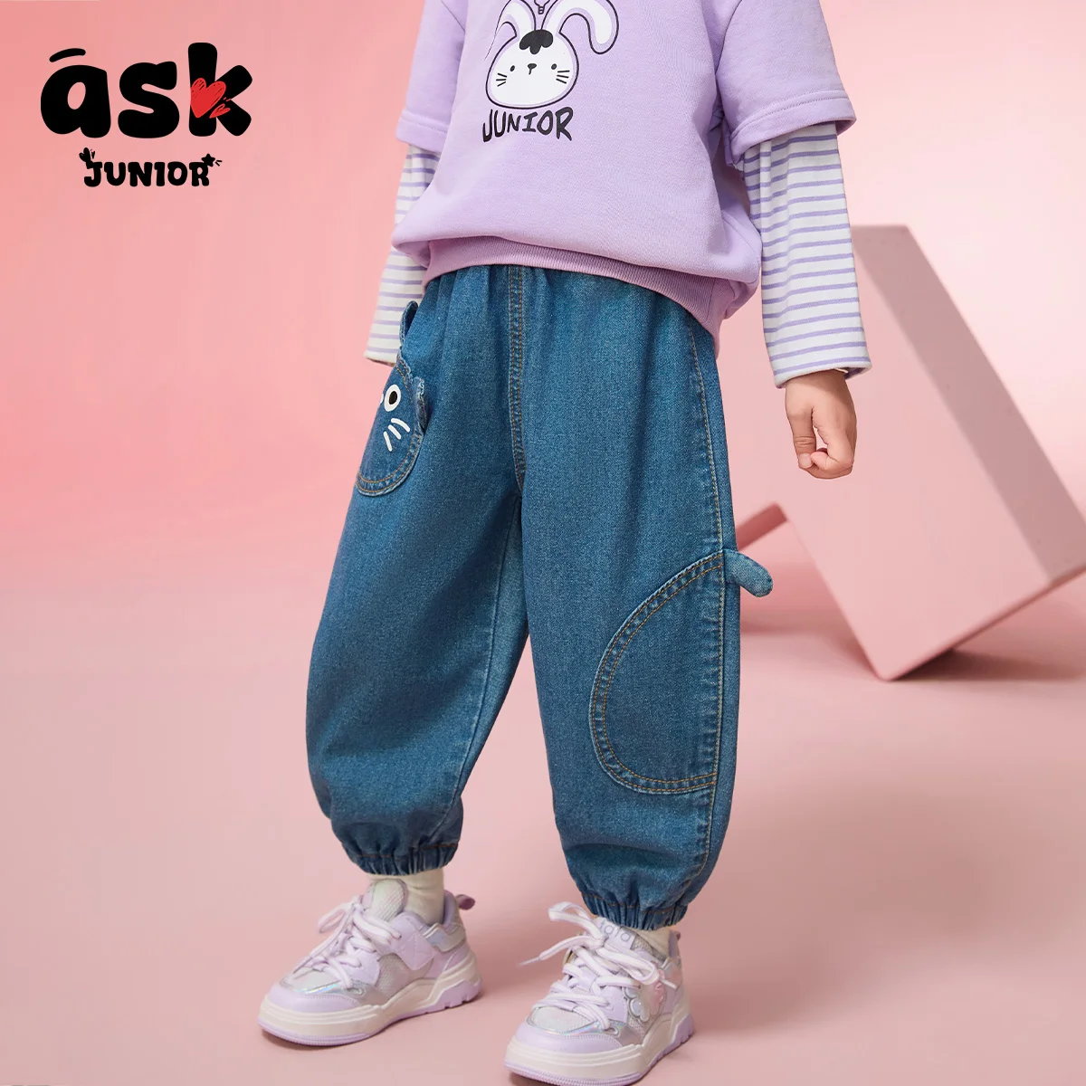 اسأل جونيور [آذان القط ثلاثية الأبعاد] سراويل أطفال ربيعية للفتيات جينز مغسول بناطيل ضيقة للأطفال