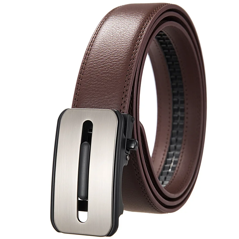 Plyesxale 2025 جديد بقرة جلد طبيعي حزام رجالي جلد البقر حزام الذكور التلقائي مشبك أحزمة للرجال القهوة السوداء الأحمر البني B1288 #4