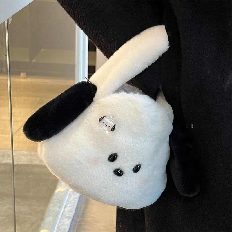 MBTI Small Pochacco Womens Handbag Plush Fluffy Cartoon Casual Cute Bag All-match 2024 Fashion Girls Luxury Designer Coin Purse